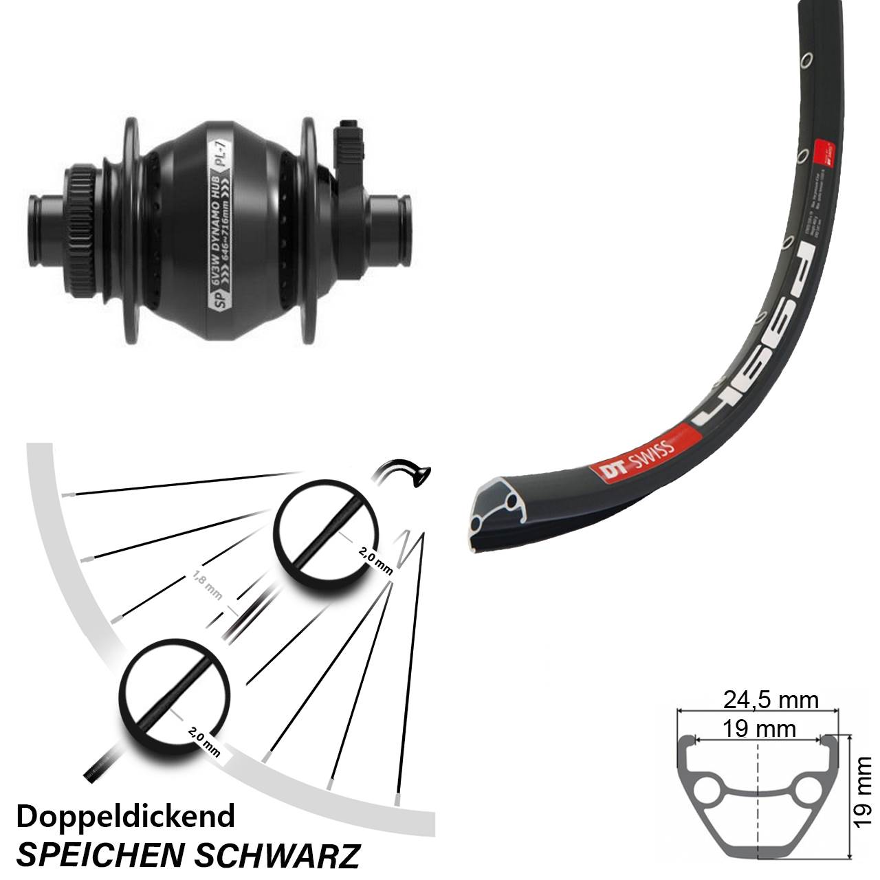 Vorderrad 28-29 Zoll DT Swiss 466 Shutter PL-7 Nabendynamo Centerlock 12x100