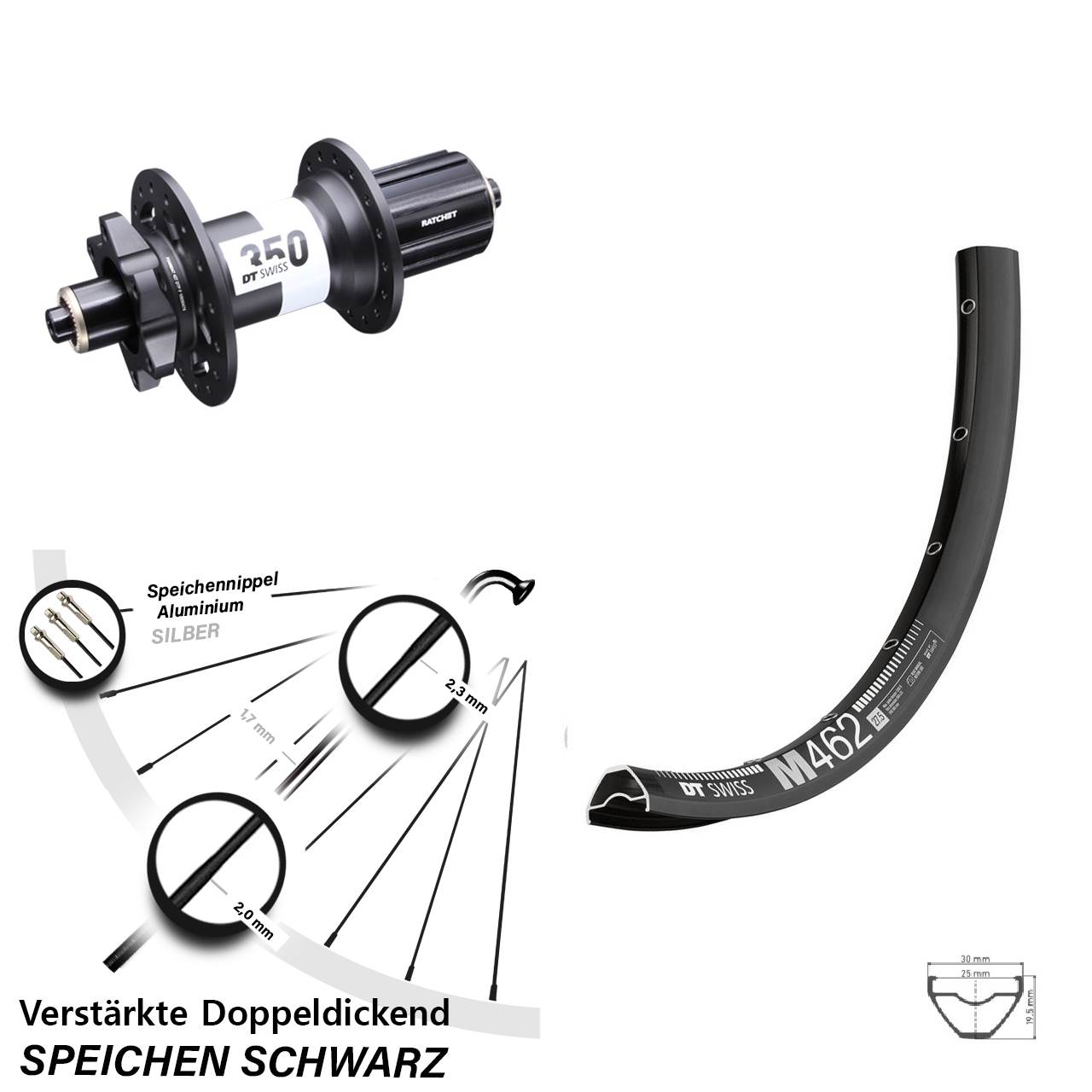 DT Swiss M 462-350 Ratchet 36 6-Loch 29 Zoll Hinterrad QR Boost 8-11 fach