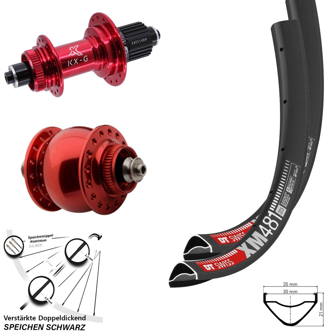 Disc Laufrad-Satz QR 27,5 Zoll DT Swiss XM481 KX-G SON 28 rot Micro Spline
