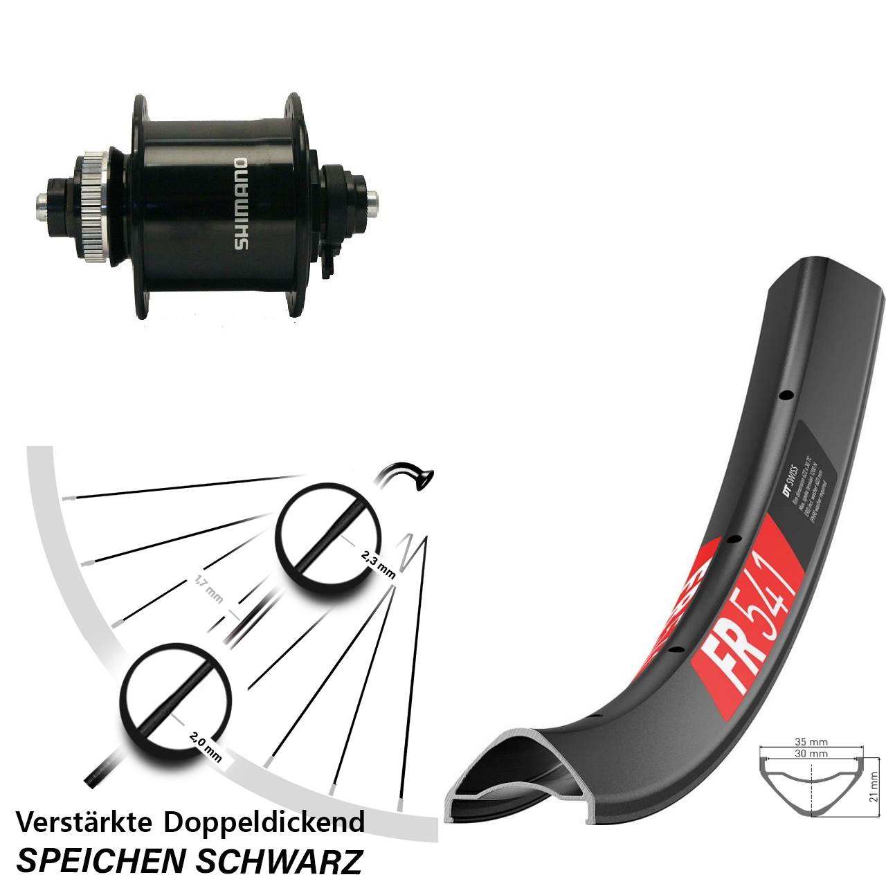 27,5 Zoll DT Swiss FR 541 Shimano DH-UR700-3D Disc Nabendynamovorderrad für Schnellspanner