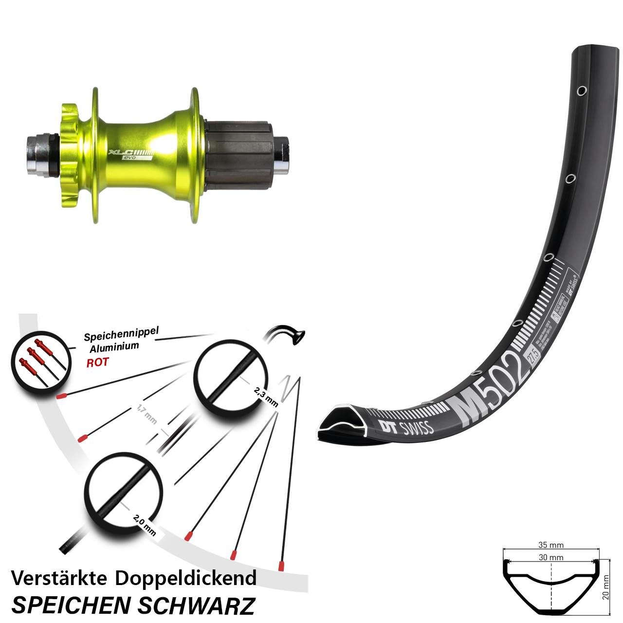 DT Swiss M 502 XLC Evo grün 27,5 Zoll Disc Laufrad 12x142 8-11 fach