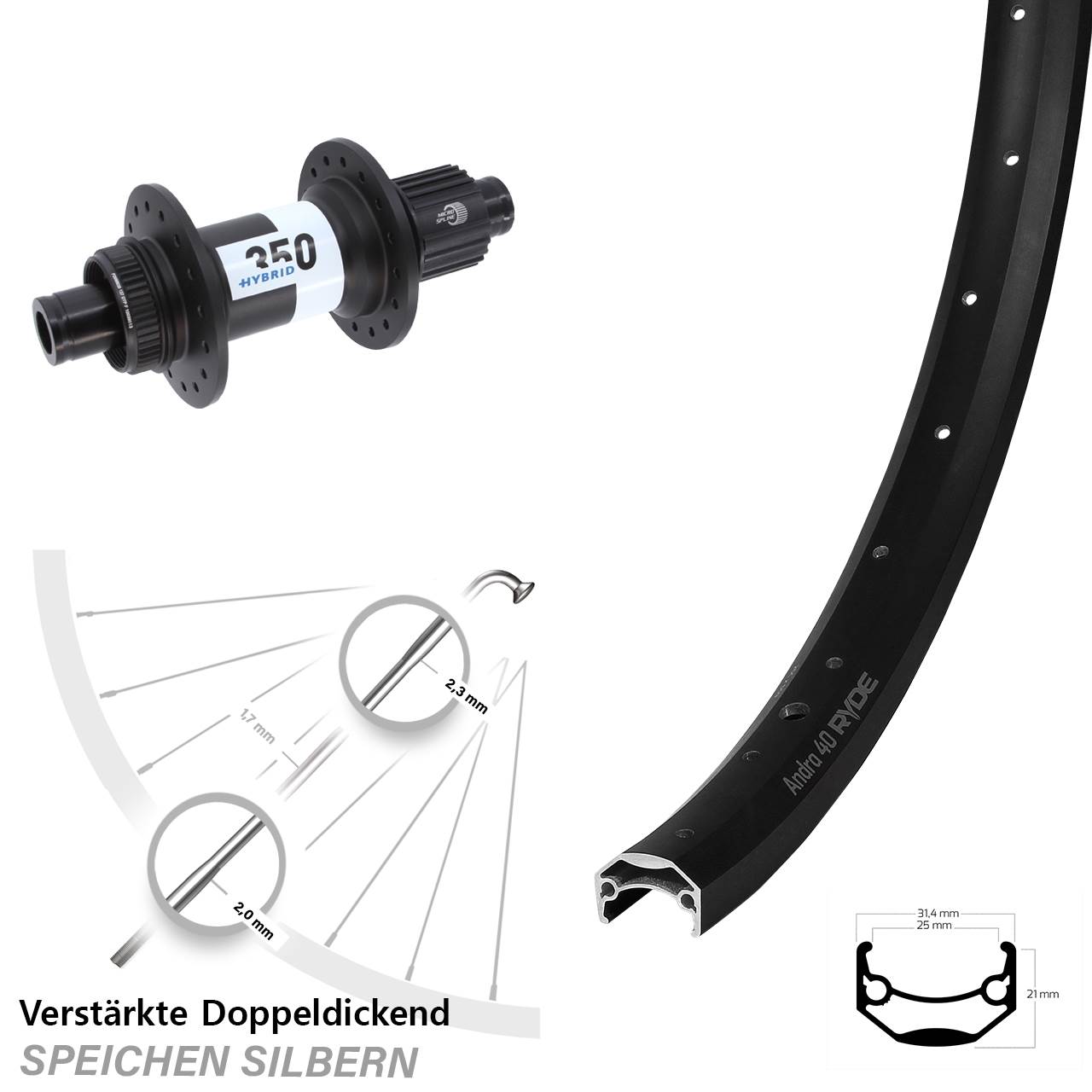 Ryde Andra 40 DT Swiss 350 Hybrid 20 Zoll Disc Laufrad 12x148 Shimano Micro Spline