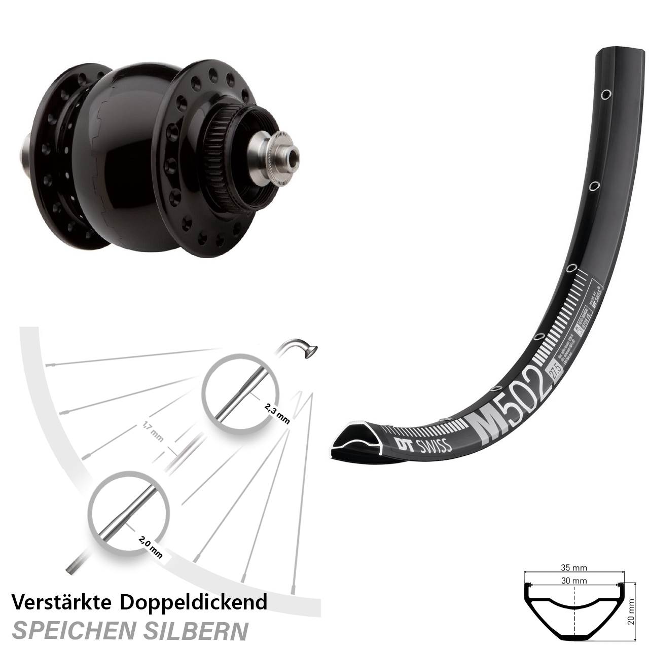 Centerlock Dynamo-Vorderrad QR 27,5 Zoll DT Swiss M 502 SON 28