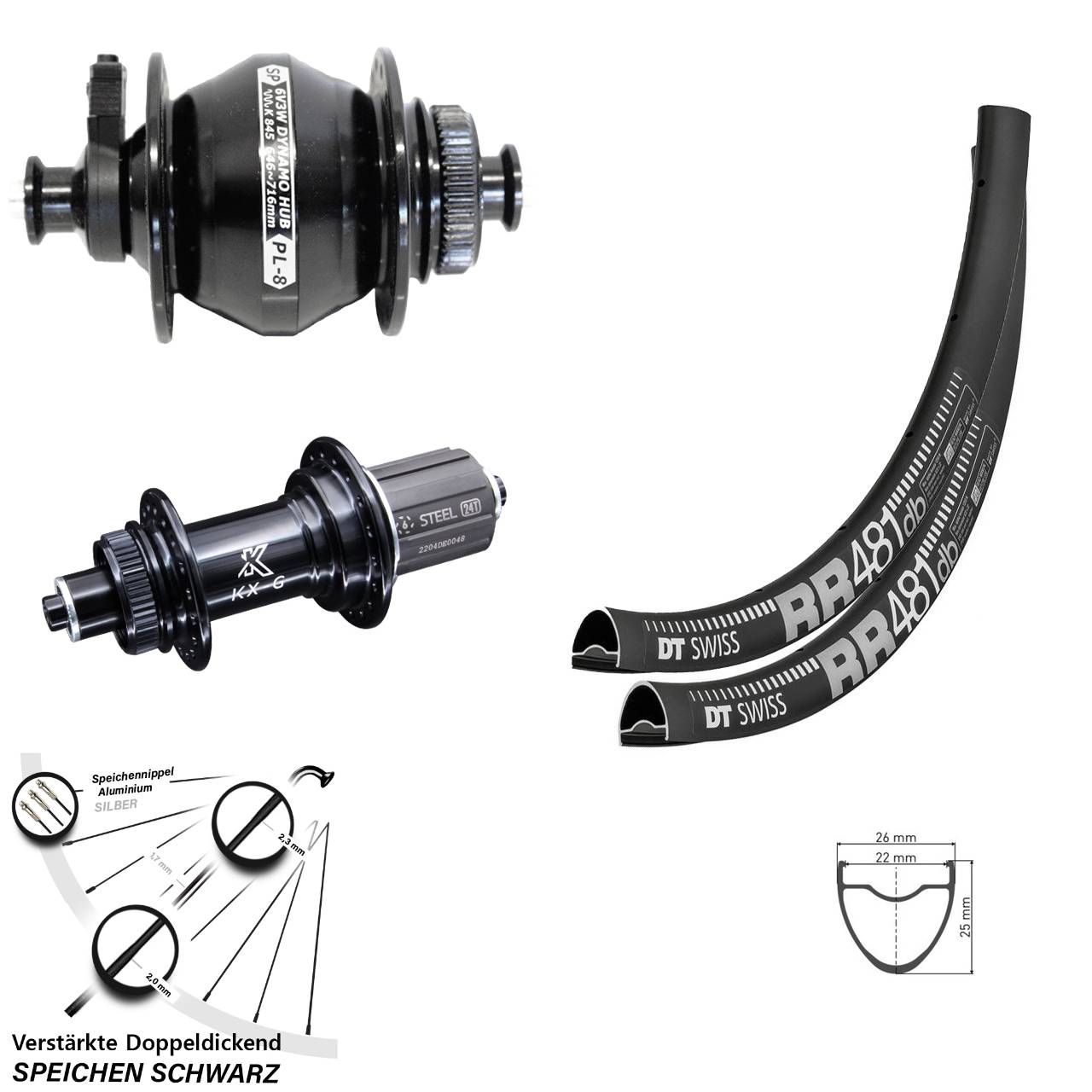 Centerlock Laufradsatz QR 28 Zoll DT Swiss RR 481 KX-GS verstärkt Shutter PL-8 8-12 fach
