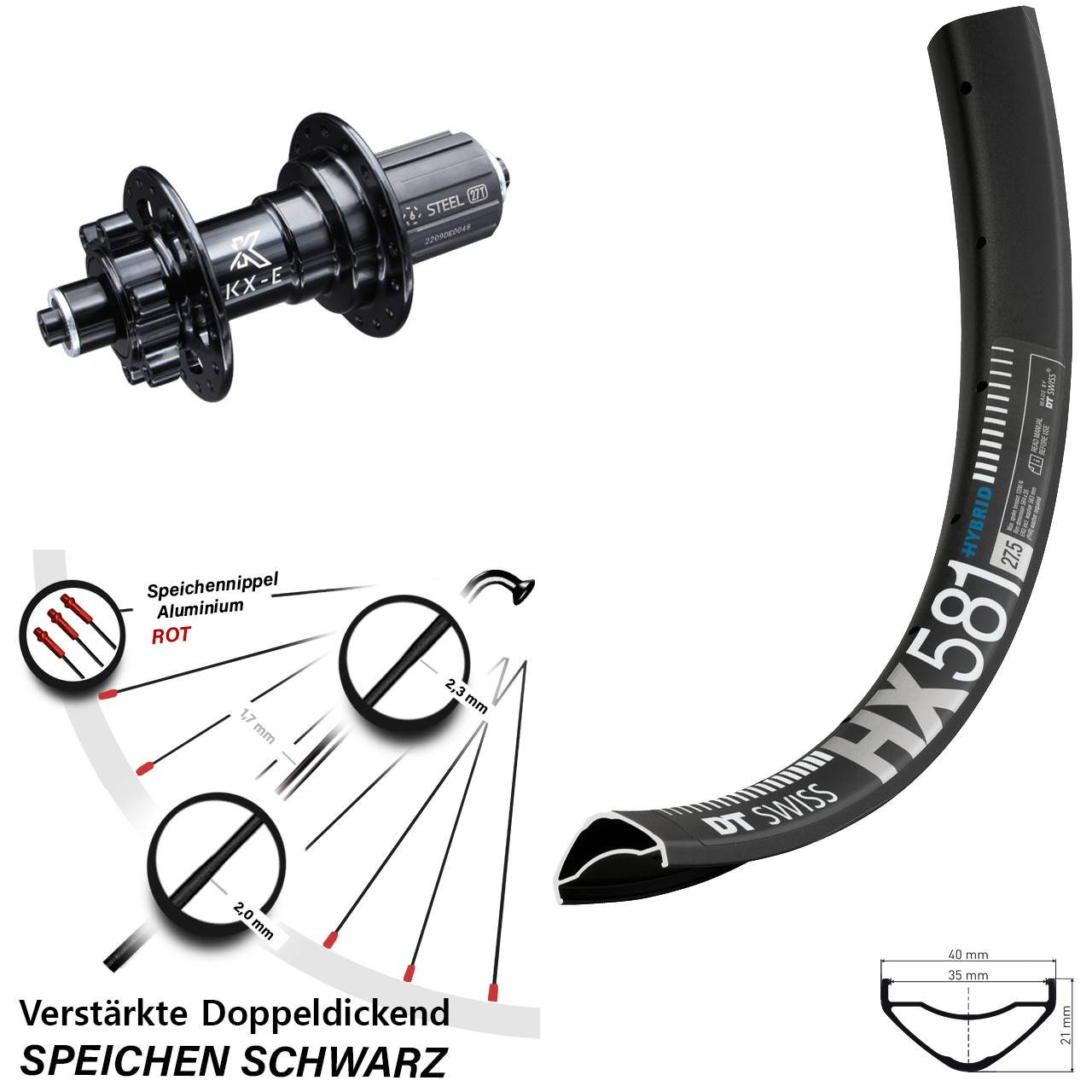 Hinterrad 27,5 Zoll DT Swiss HX581 KX-E Disc 6-Loch Stahl Freilauf 8-12 fach HG QR