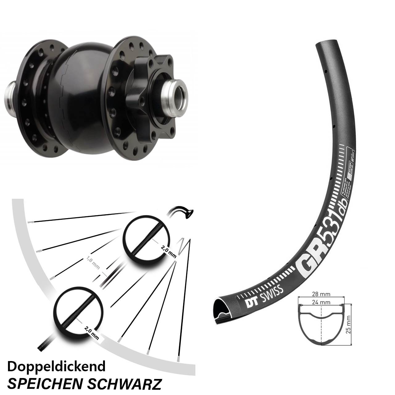 28 Zoll Nabendynamolaufrad Gravel DT Swiss GR 531 DB Disc schwarz SON Boost
