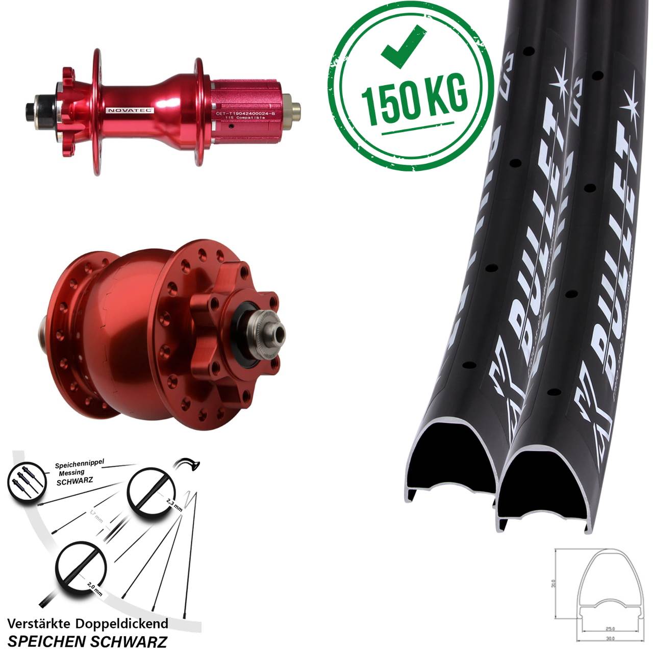 6-Loch Laufradsatz 28 Zoll KX Bullet Novatec D792 SON 28 rot 8-12 fach HG QR
