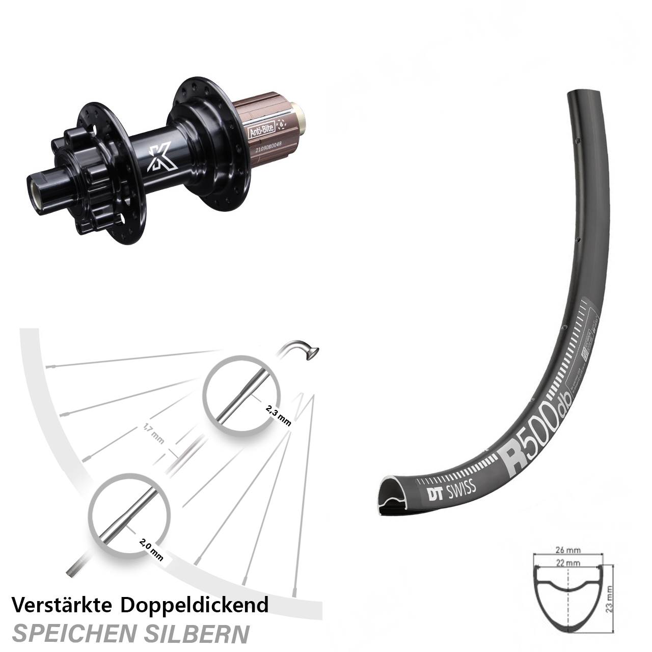 28 Zoll Hinterrad KX-M Nabe 12x142 mm DT Swiss R 500 verstärkt Road Disc 8-12 fach