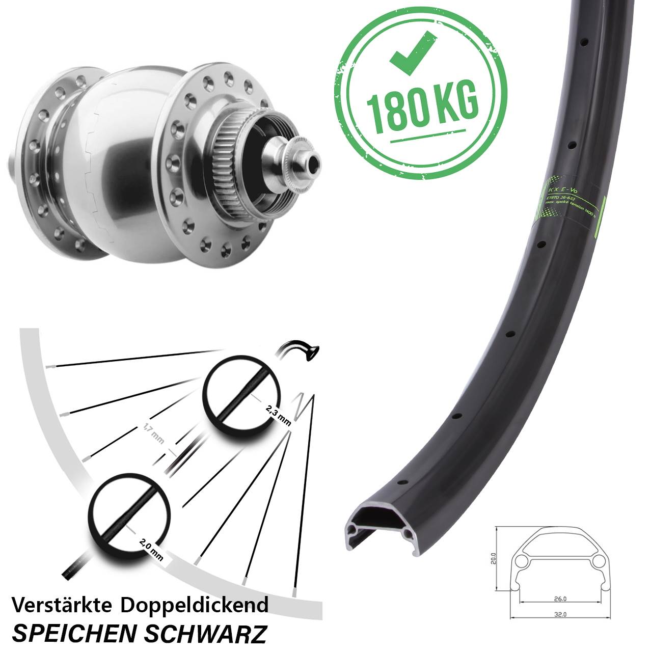 Disc Nabendynamovorderrad 20 Zoll KX Evo SON 28 silbern QR