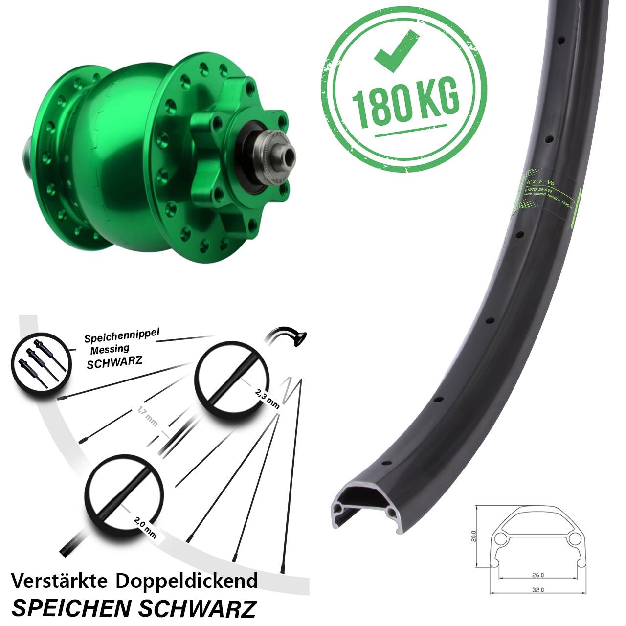 Nabendynamovorderrad 6-Loch 20 Zoll KX Evo SON 28 grün für Schnellspanner
