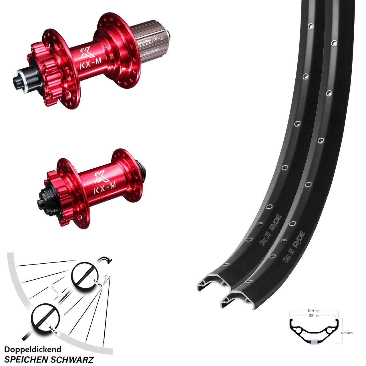 Laufradsatz 6-Loch 29 Zoll Ryde Disc 30 KX-M rot 8-12 fach HG für Schnellspanner