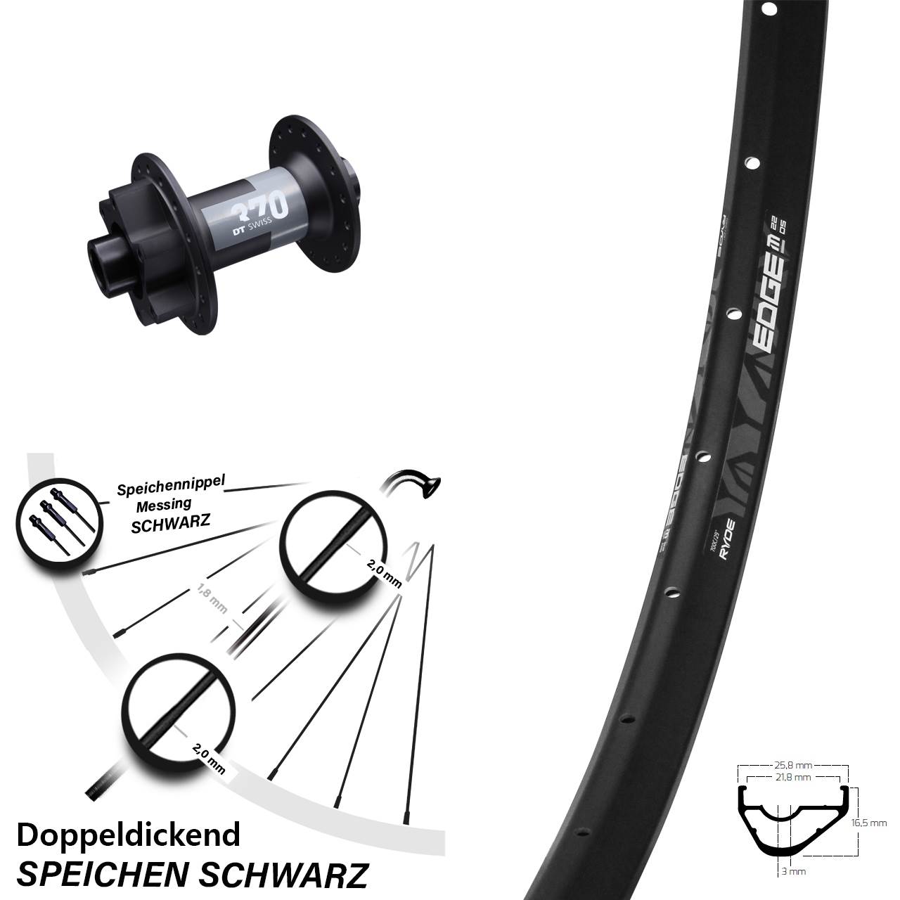 6-Loch Vorderrad 15x100 28 Zoll Ryde Edge M22 DT Swiss 370