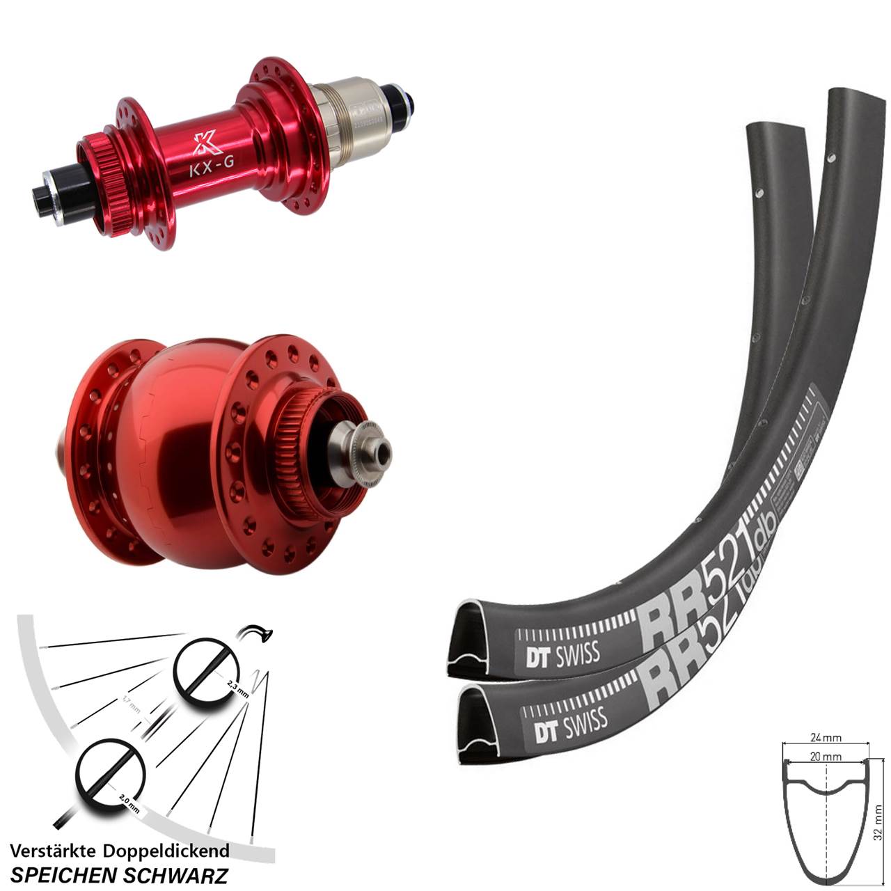 Laufrad-Satz für Schnellspanner 28 Zoll DT Swiss RR521 KX-G rot SON delux SRAM XDR