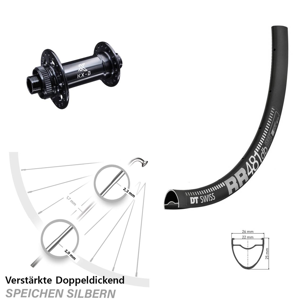 verstärktes Road 28 Zoll Vorderrad DT Swiss RR 481 Disc Centerlock KX-Boost 12x110 mm