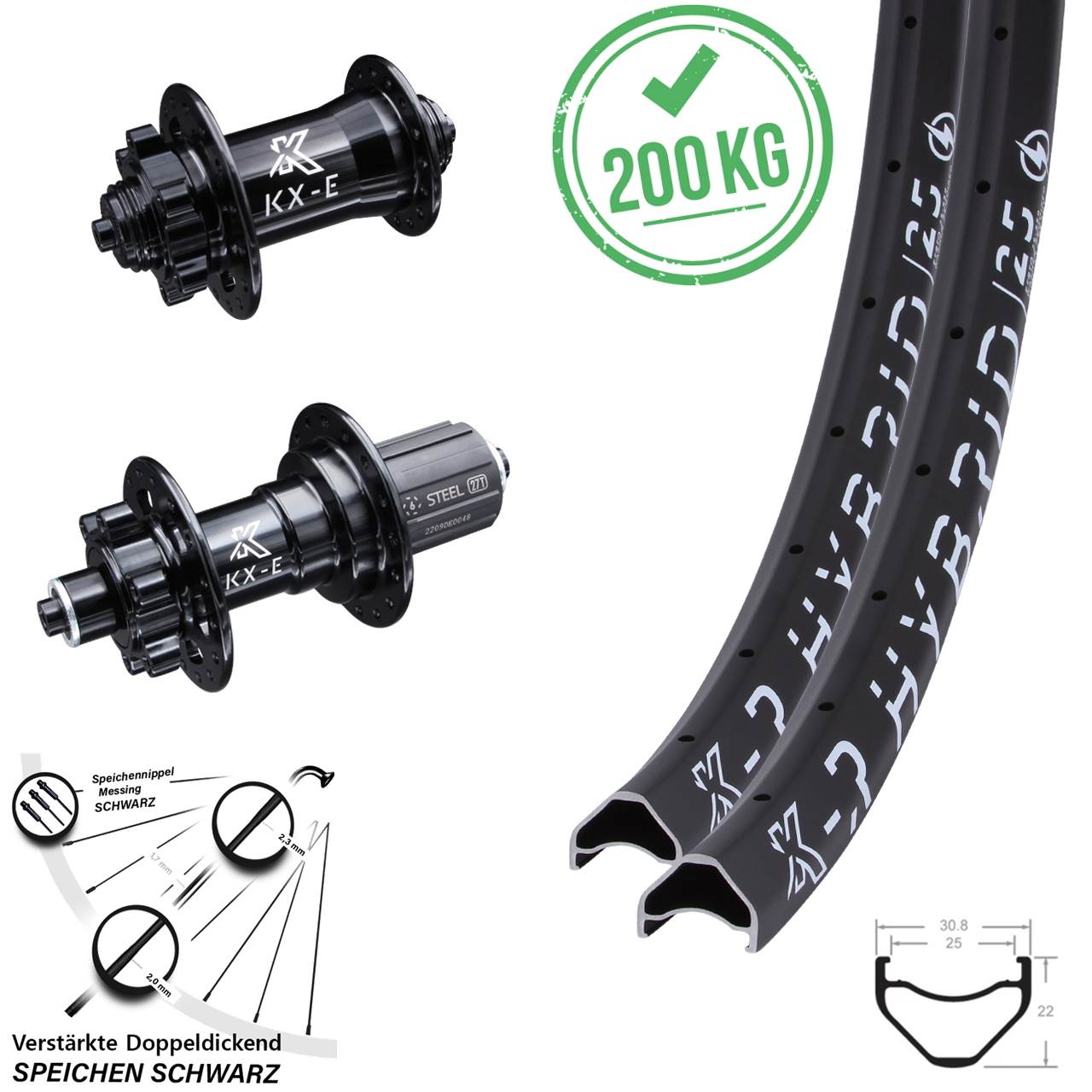 29 Zoll E-Bike Laufradsatz KX-ER Hybrid 25 Schnellspanner 6-loch Disc verstärkt 8-12 fach