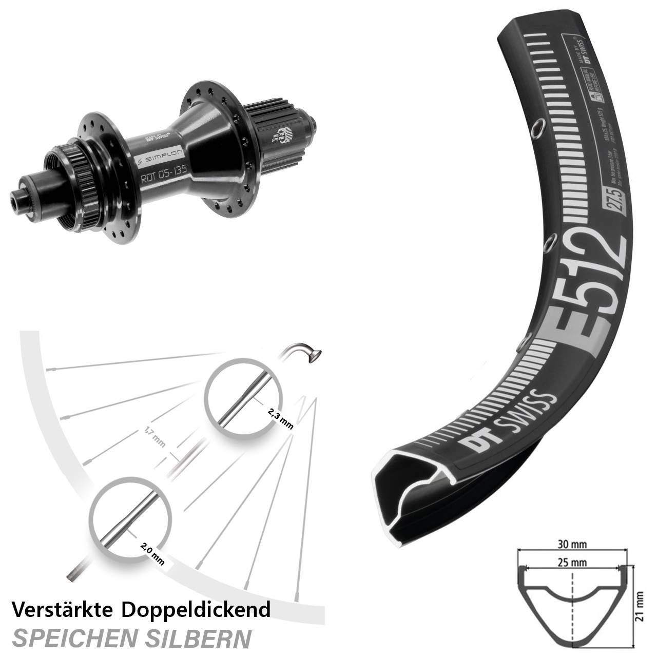 Disc Laufrad 29 Zoll DT Swiss E512-370 Hybrid Shimano Micro Spline für Schnellspanner