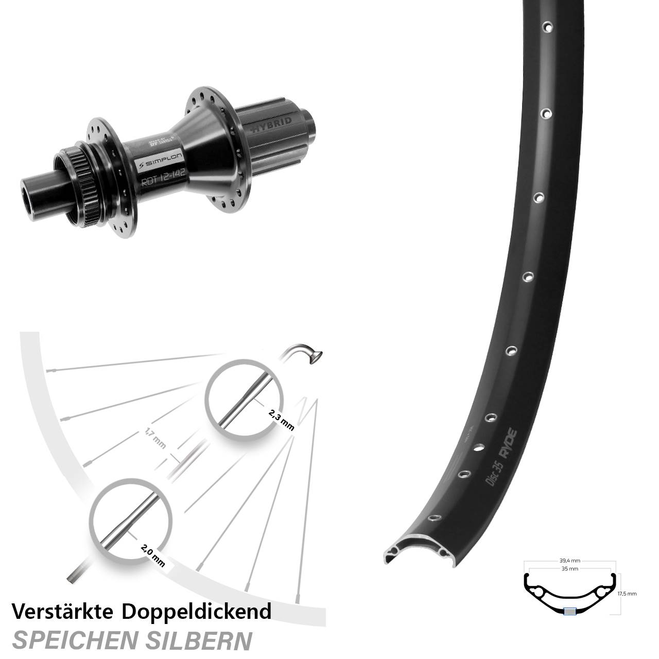 29 Zoll Ryde Disc 35 DT Swiss 370 Hybrid Centerlock Hinterrad 12x142 8-11 fach HG