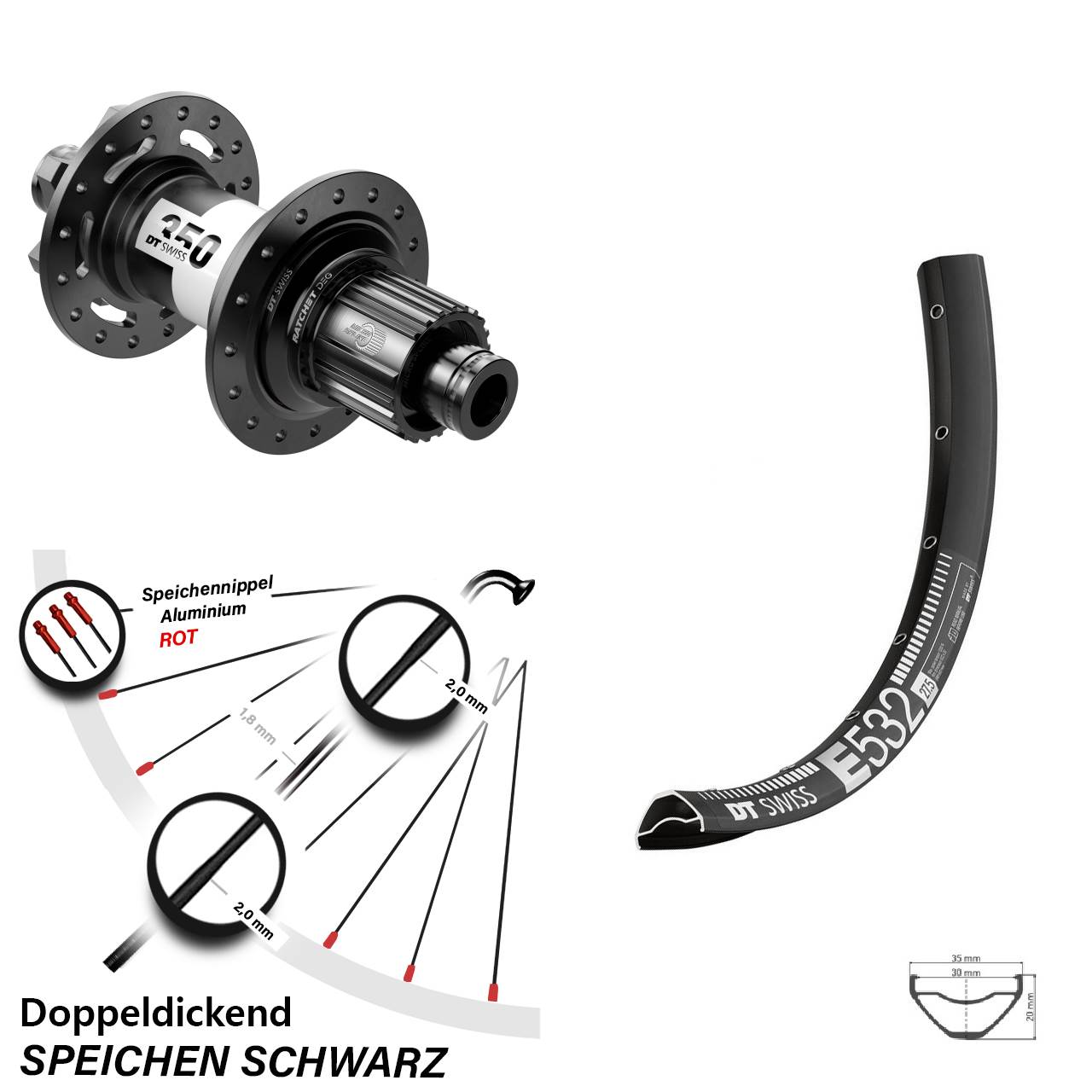 27,5 Zoll DT Swiss E 532-350 DEG72 6-Loch Hinterrad 12x148 Micro Spline