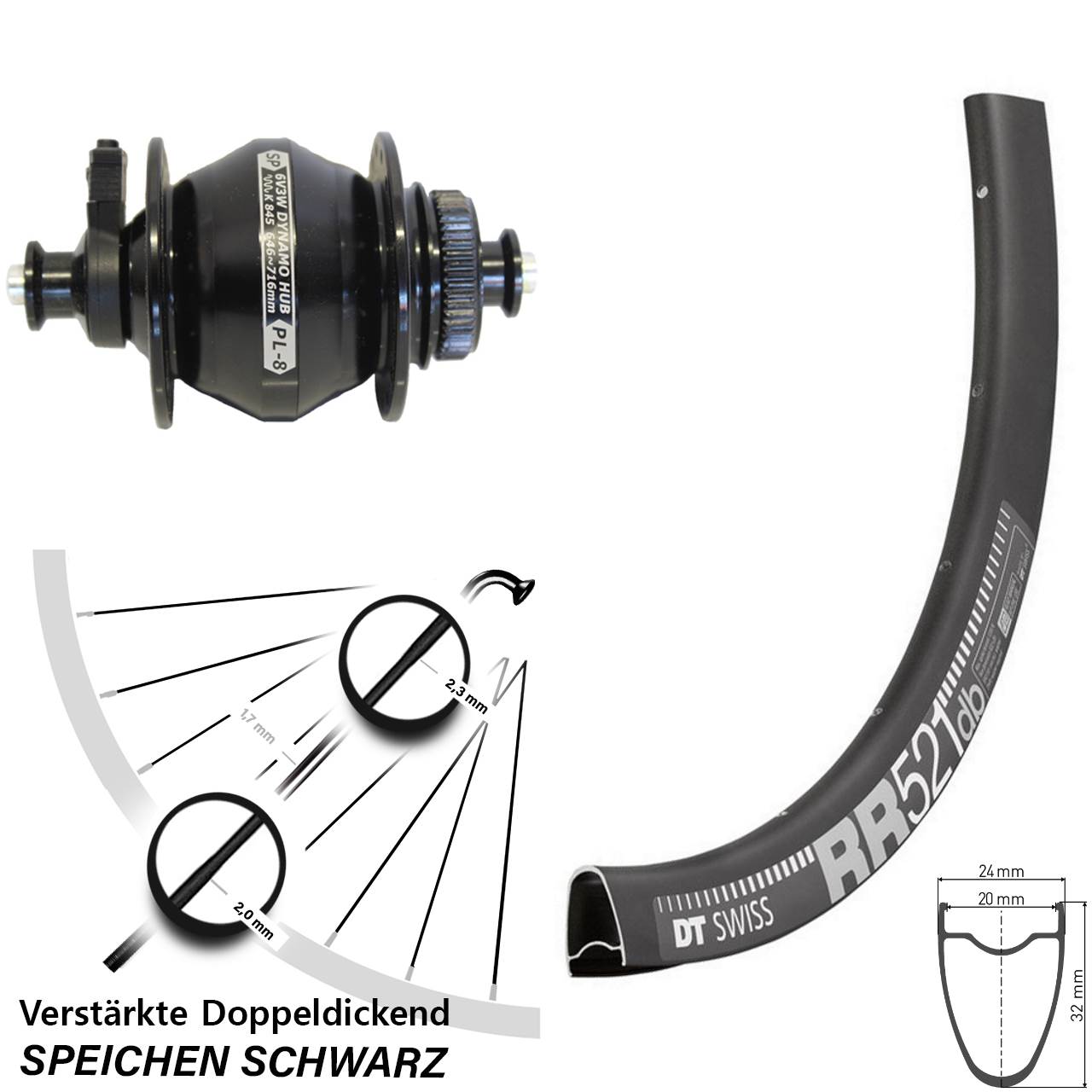 DT Swiss RR521 Shutter PL-8 28 Zoll Nabendynamovorderrad Centerlock für Schnellspanner