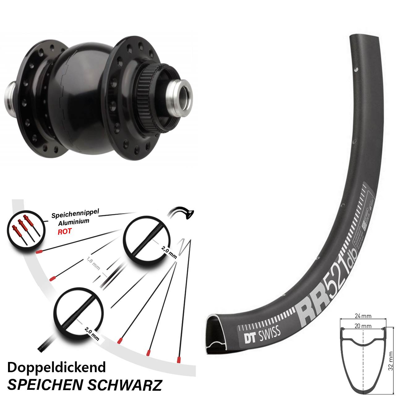 28 Zoll Nabendynamo Vorderrad DT Swiss RR 521 SON 28-12-110 Centerlock