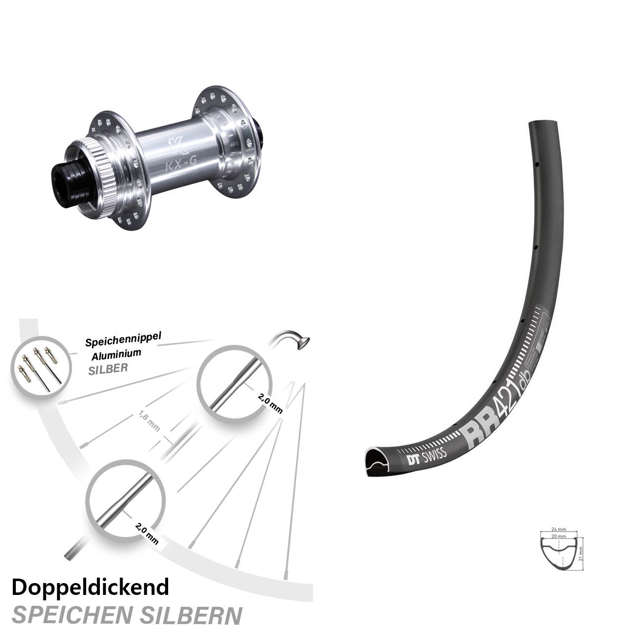Vorderrad 28 Zoll Road Dis KX-G silbern 12x100 mm DT Swiss RR 421 DB Centerlock