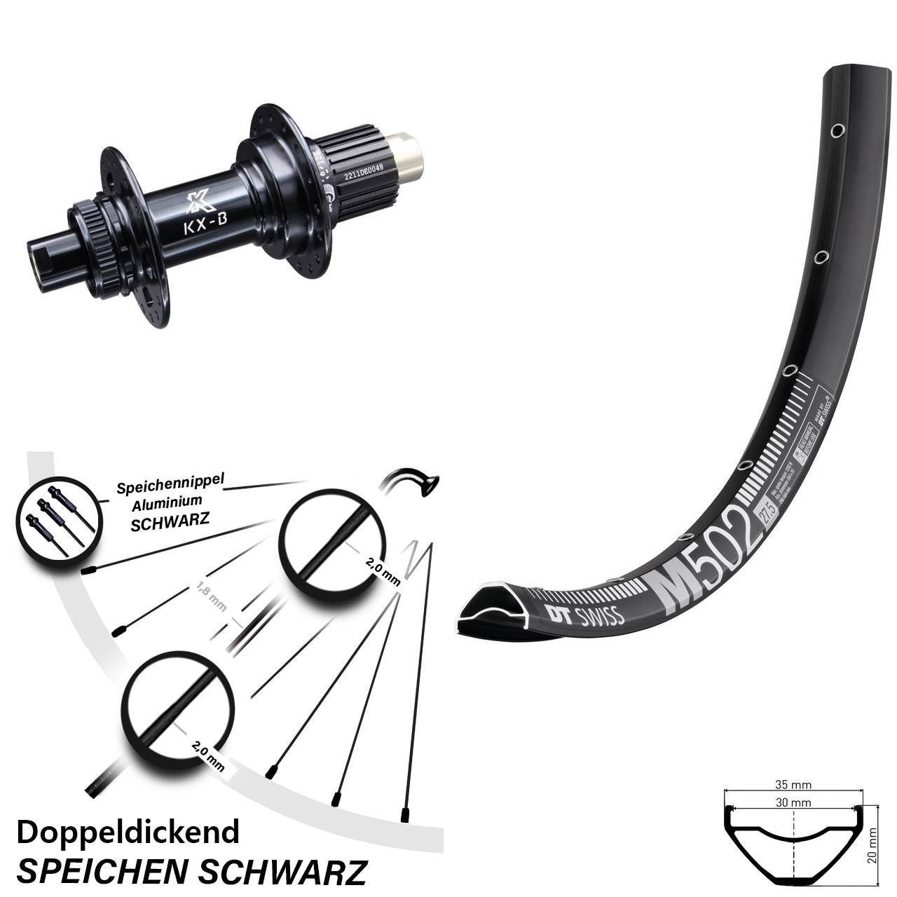 DT Swiss M 502 27,5 Zoll Hinterrad KX-B Centerlock Micro Spline 12x148
