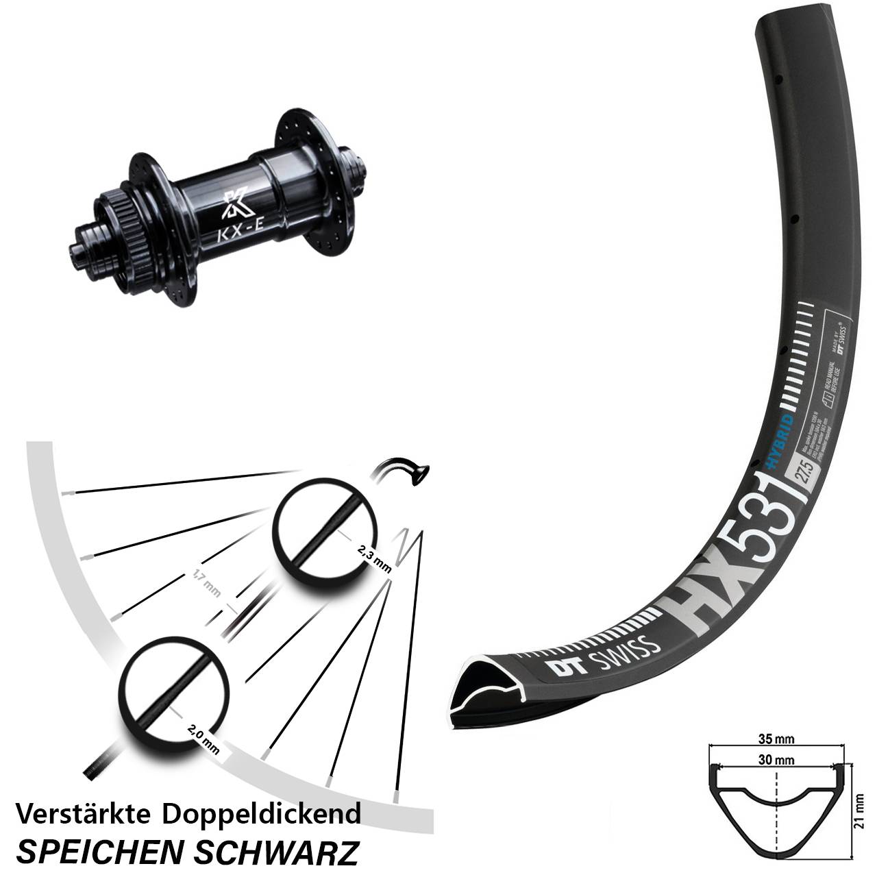 schwarzes 29 Zoll Vorderrad DT Swiss HX 531 KX-E Centerlock schwarz verstärkt 5x100 mm