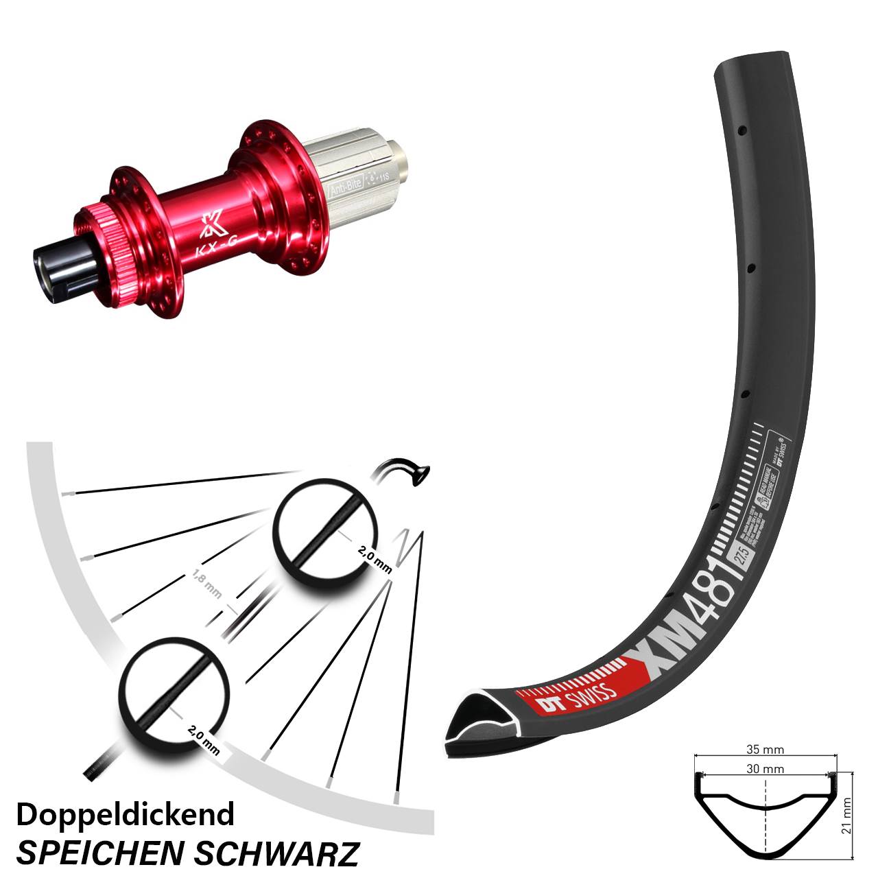 DT Swiss XM 481 27,5 Zoll Hinterrad KX-G rot 8-12 fach 12x142