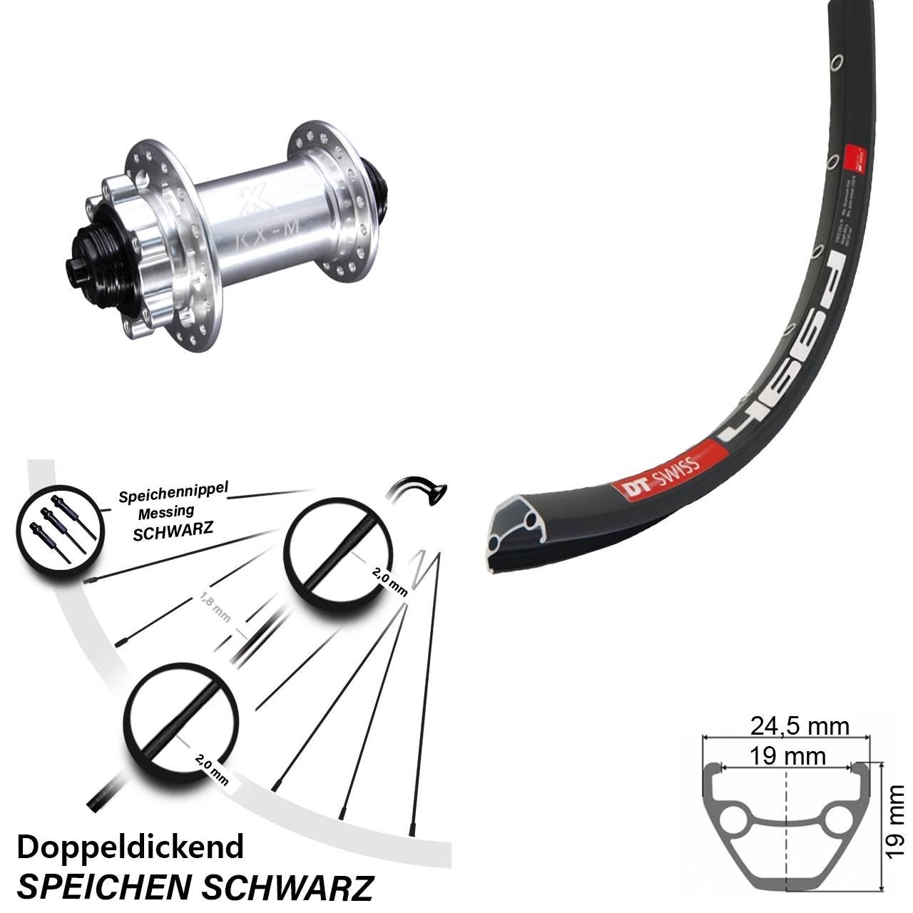 Laufrad 28 Zoll DT Swiss 466D Disc KX-M 6-Loch 5/100 silbern