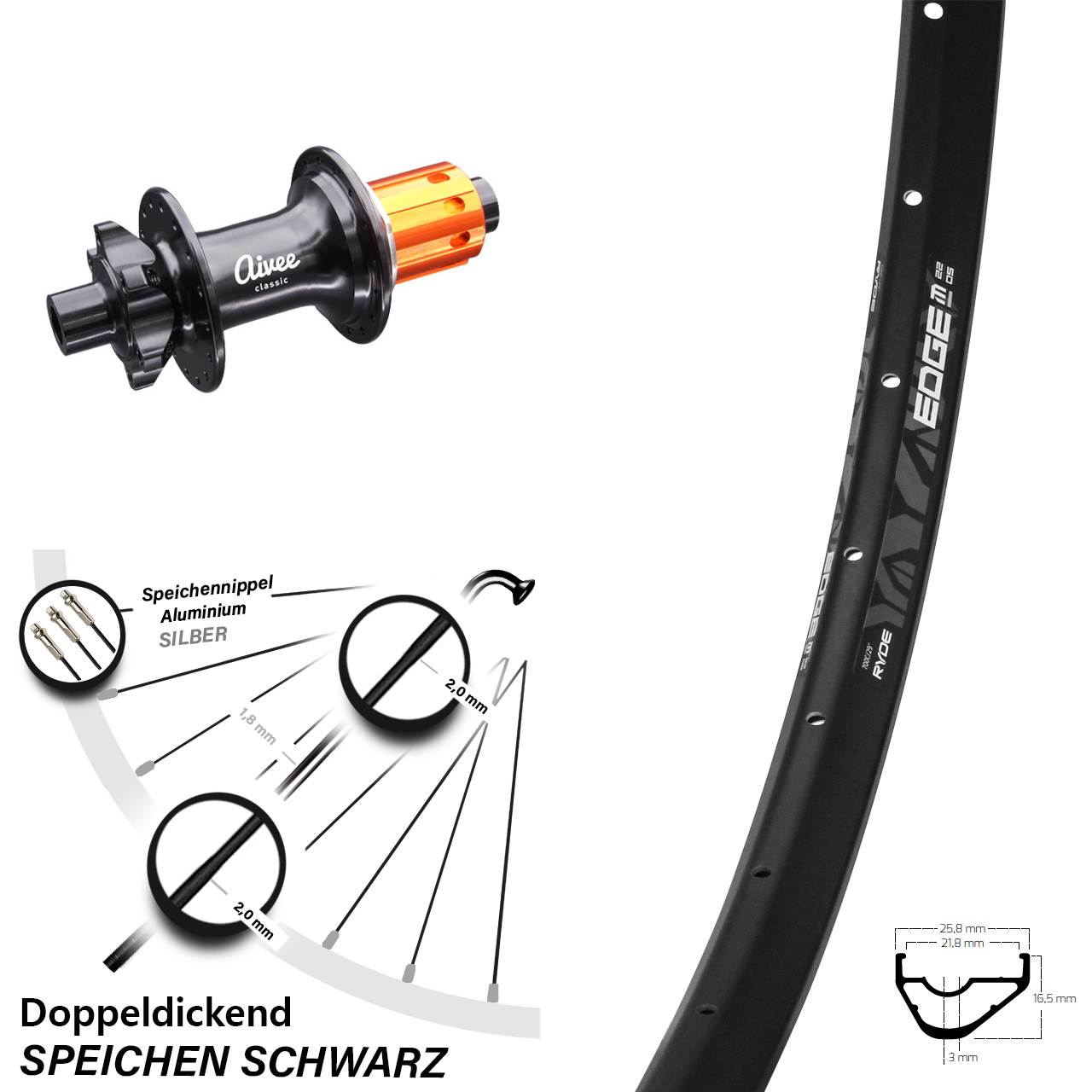 29 Zoll Ryde Edge M22 OS Hinterrad Aivee Classic Boost Shimano 10/11-fach