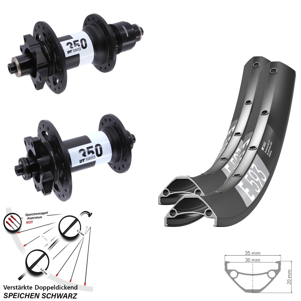 DT Swiss E 593 350 29 Zoll Laufradsatz 6-Loch QR XD 11-12 fach