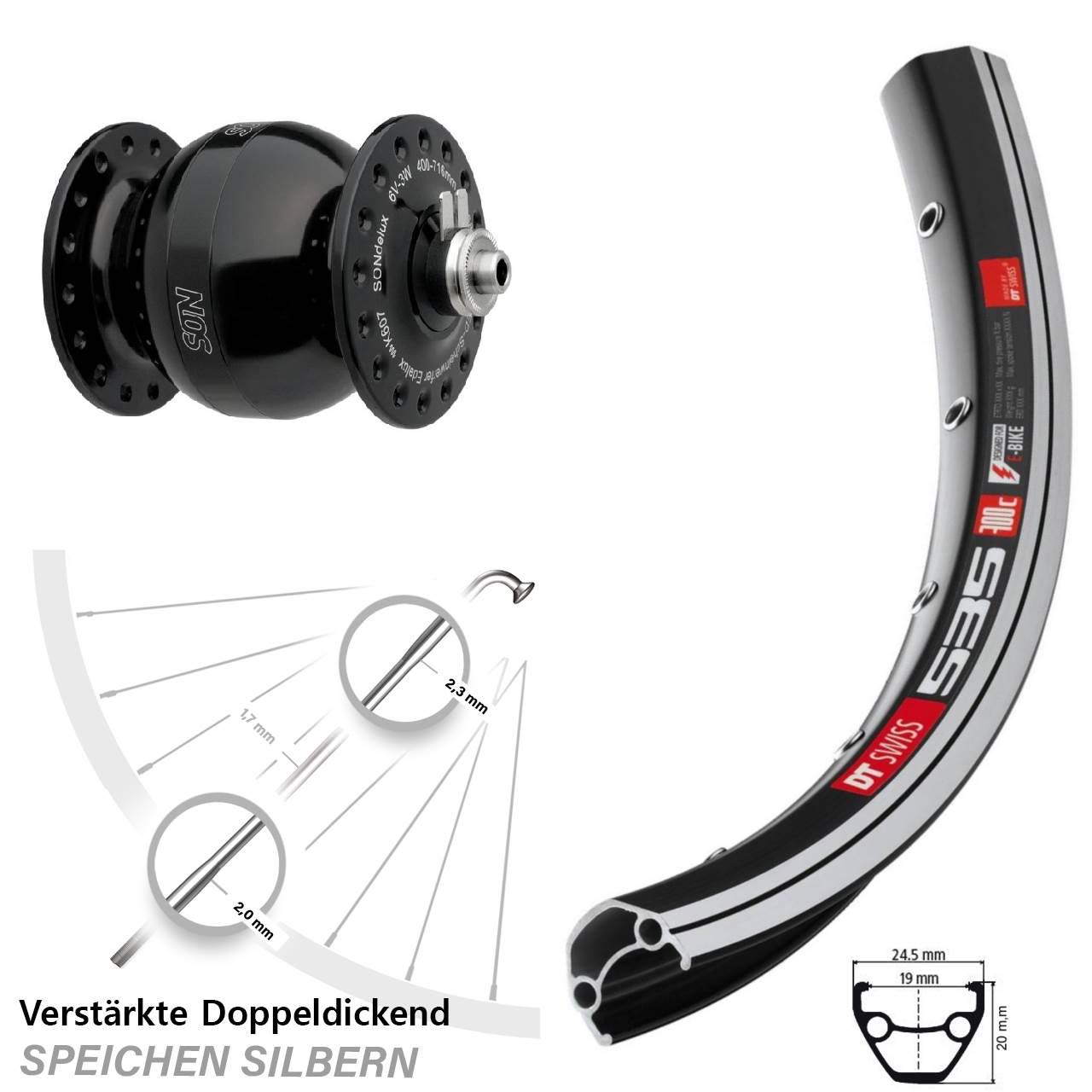 Vorderrad 28 Zoll DT Swiss 535 SON delux Wide Body Felgenbremse