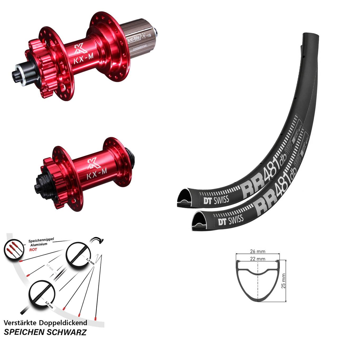 28 Zoll DT Swiss RR481 KX-M rot 6-Loch Laufradsatz QR 8-12 fach HG