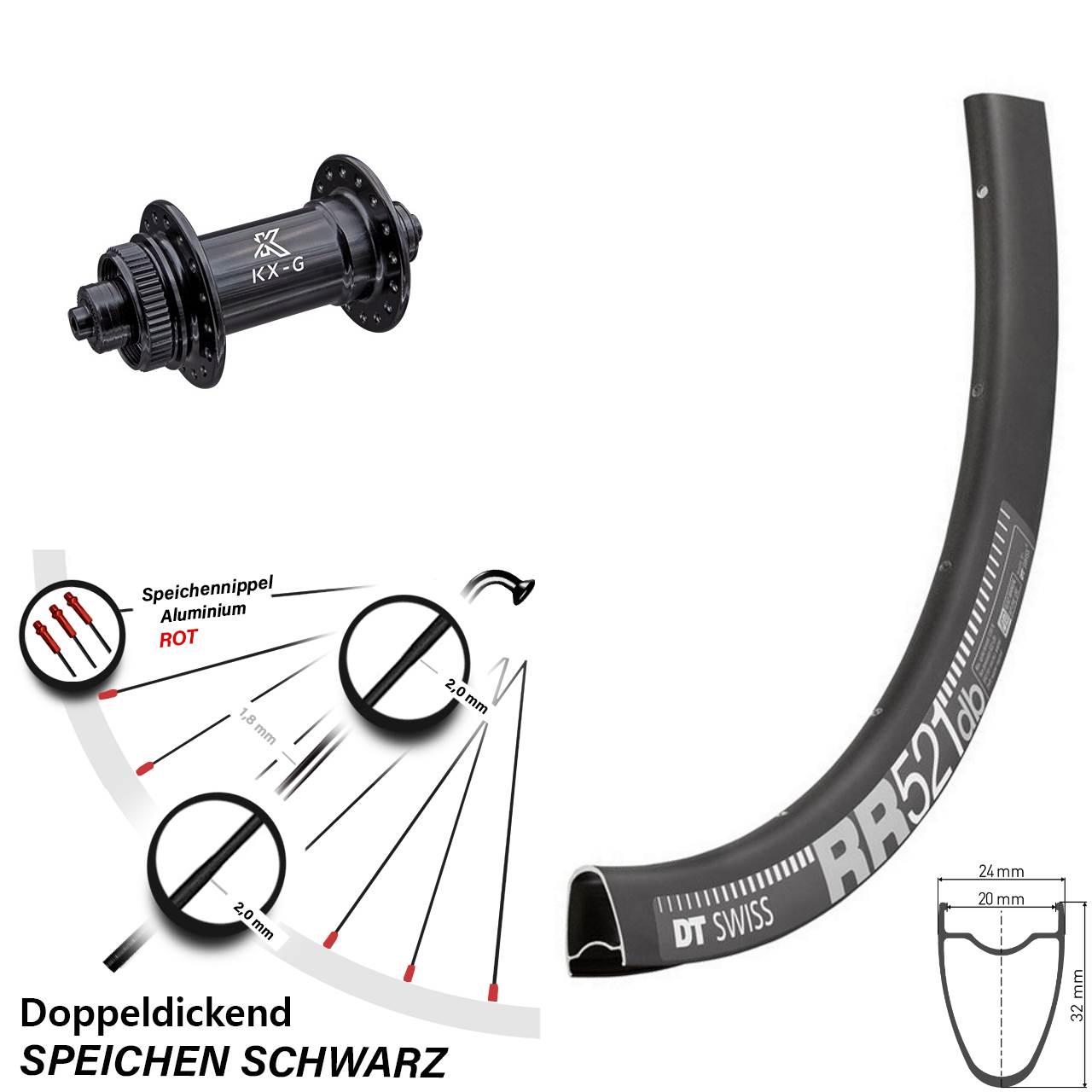 DT Swiss RR 521 DB Disc Vorderrad 28 Zoll mit KX-G Schnellspanner Nabe