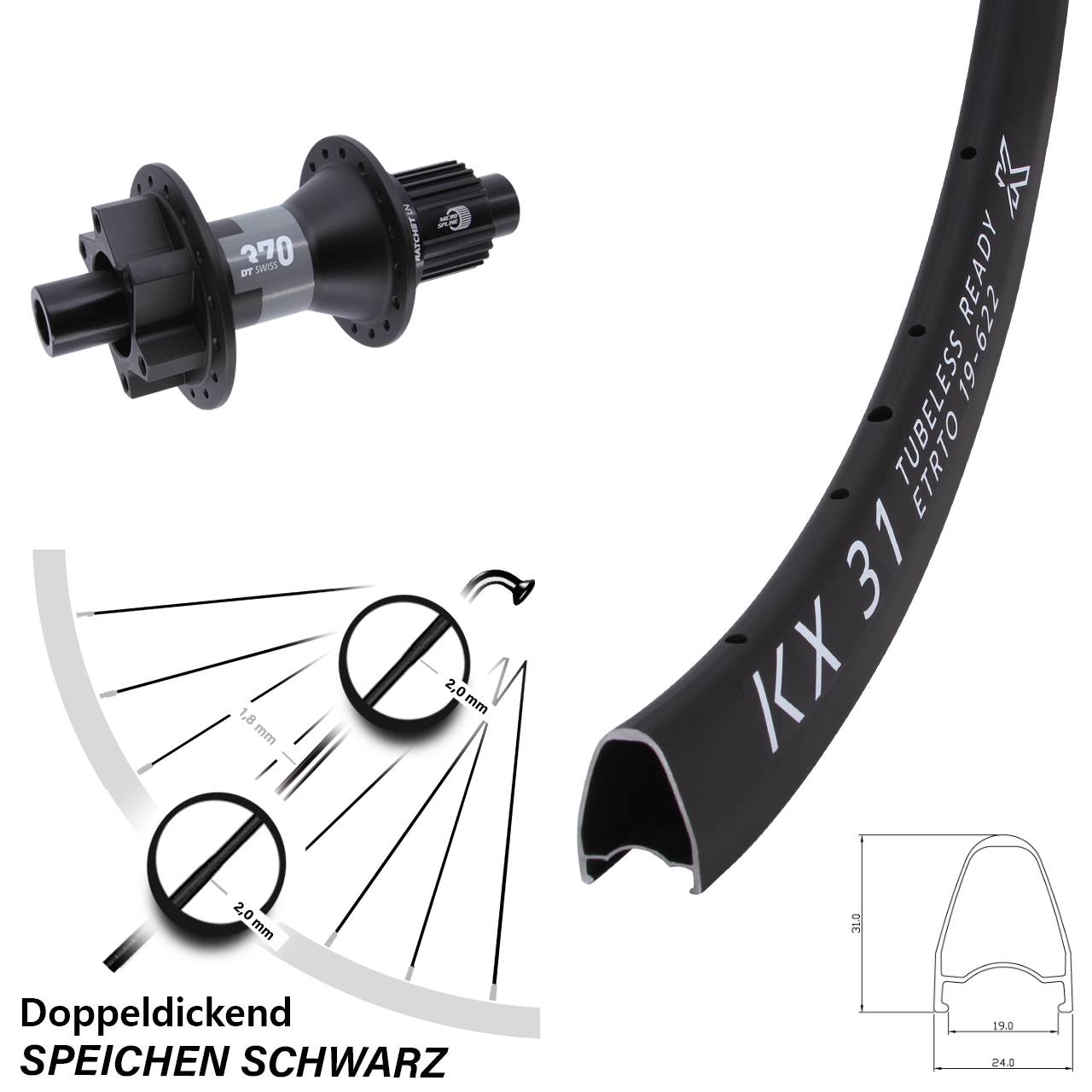 Disc Hinterrad 28 Zoll KX31 DT Swiss 370 Micro Spline 12x142