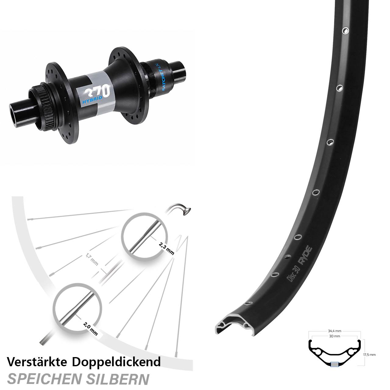 Hinterrad 29 Zoll Ryde Disc 30 DT Swiss 370 Hybrid XD 12x148