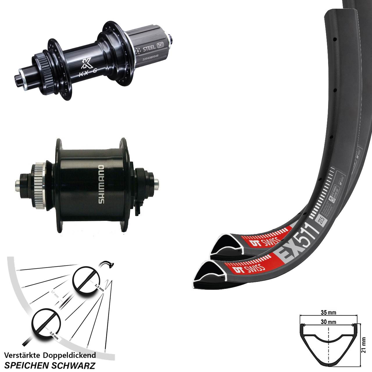 Laufradsatz 29 Zoll DT Swiss EX 511 KX-GS Shimano DH-UR700-3D 8-12 fach QR Centerlock