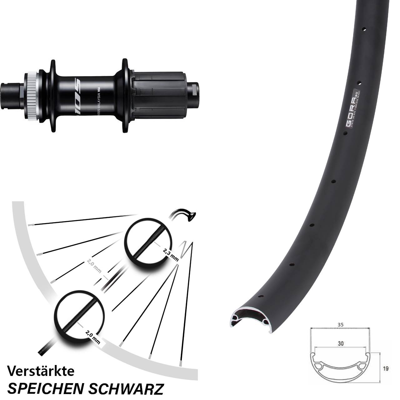 Centerlock Hinterrad 12x142 26 Zoll Gora 30 Shimano 105 8-12 fach HG