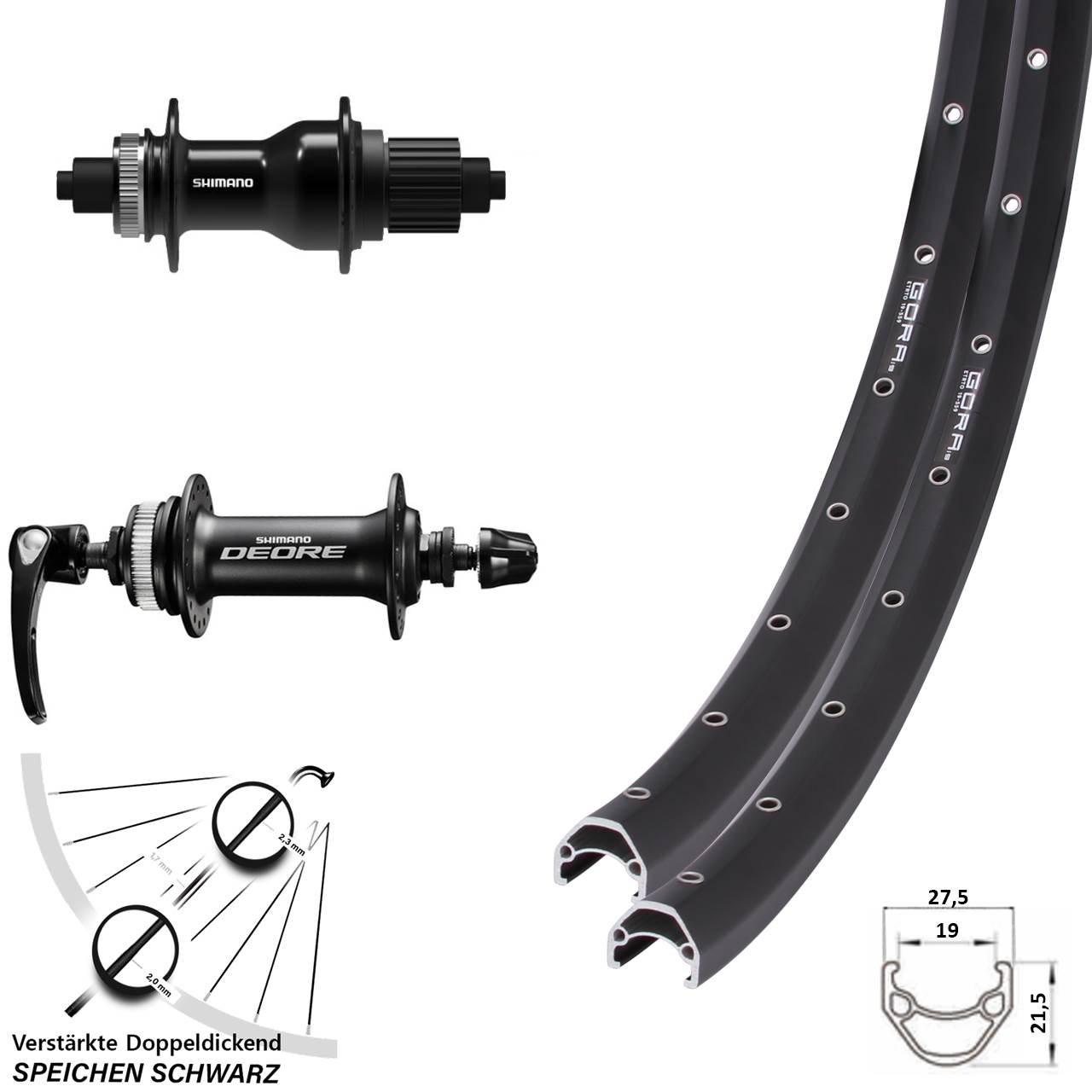 26 Zoll Gora 19 Shimano Deore FH-QC500 Disc Laufradsatz QR Micro Spline