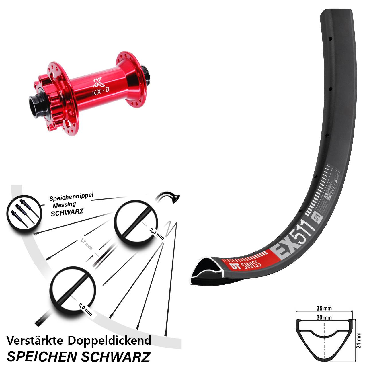 Vorderrad 6-Loch 29 Zoll DT Swiss EX 511 KX-B rot 15x110 Boost