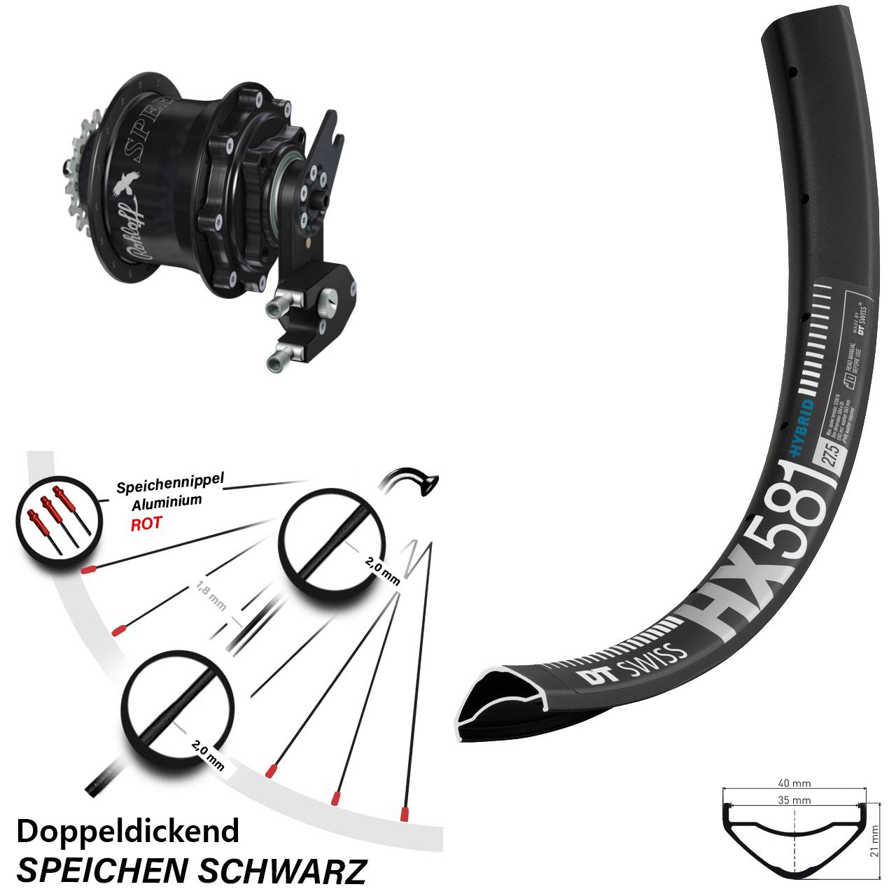 Disc Laufrad 27,5 Zoll DT Swiss HX 581 Rohloff Speedhub CC DB OEM2 Tandem schwarz
