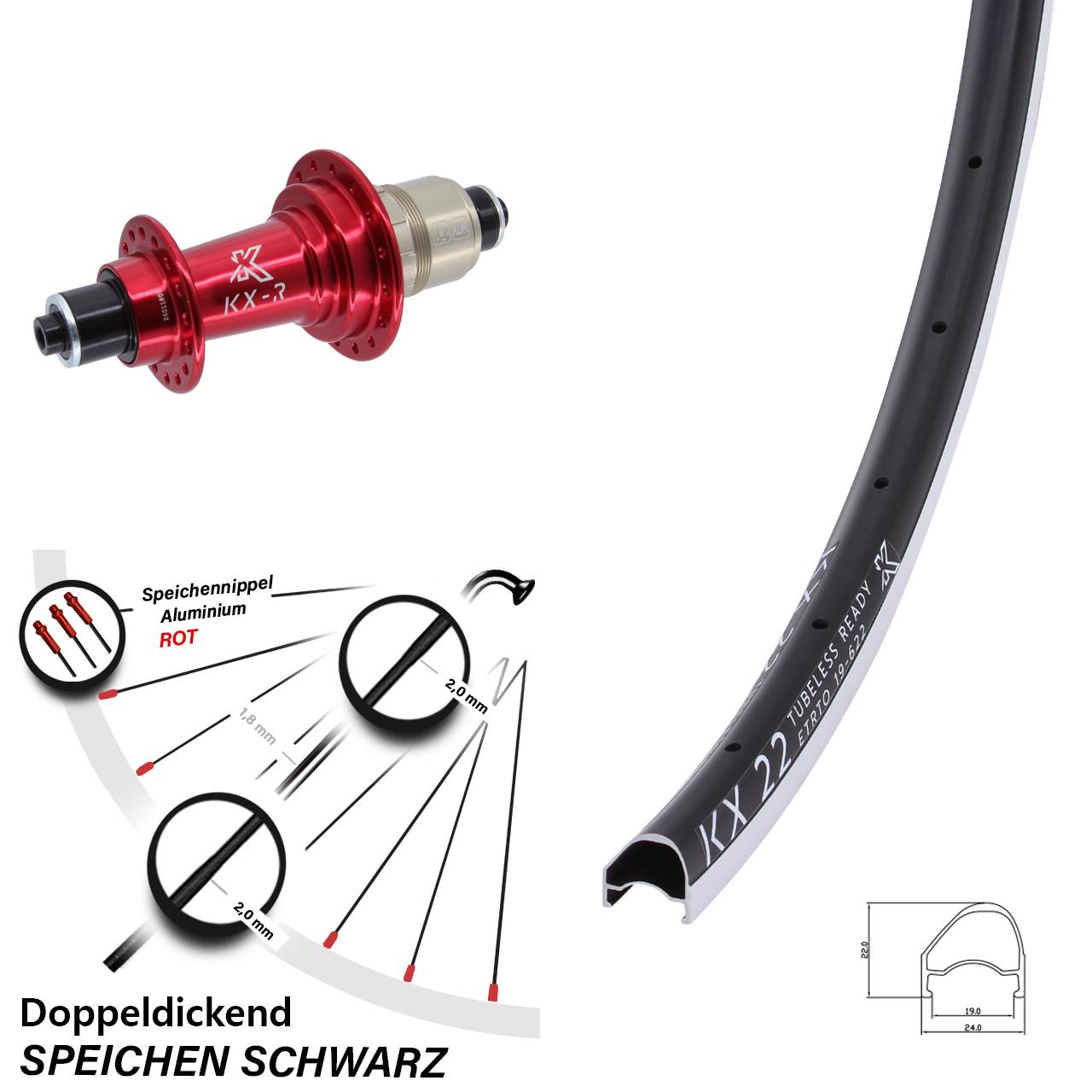 Laufrad hinten 28 Zoll KX 22 OS KX-R rot QR