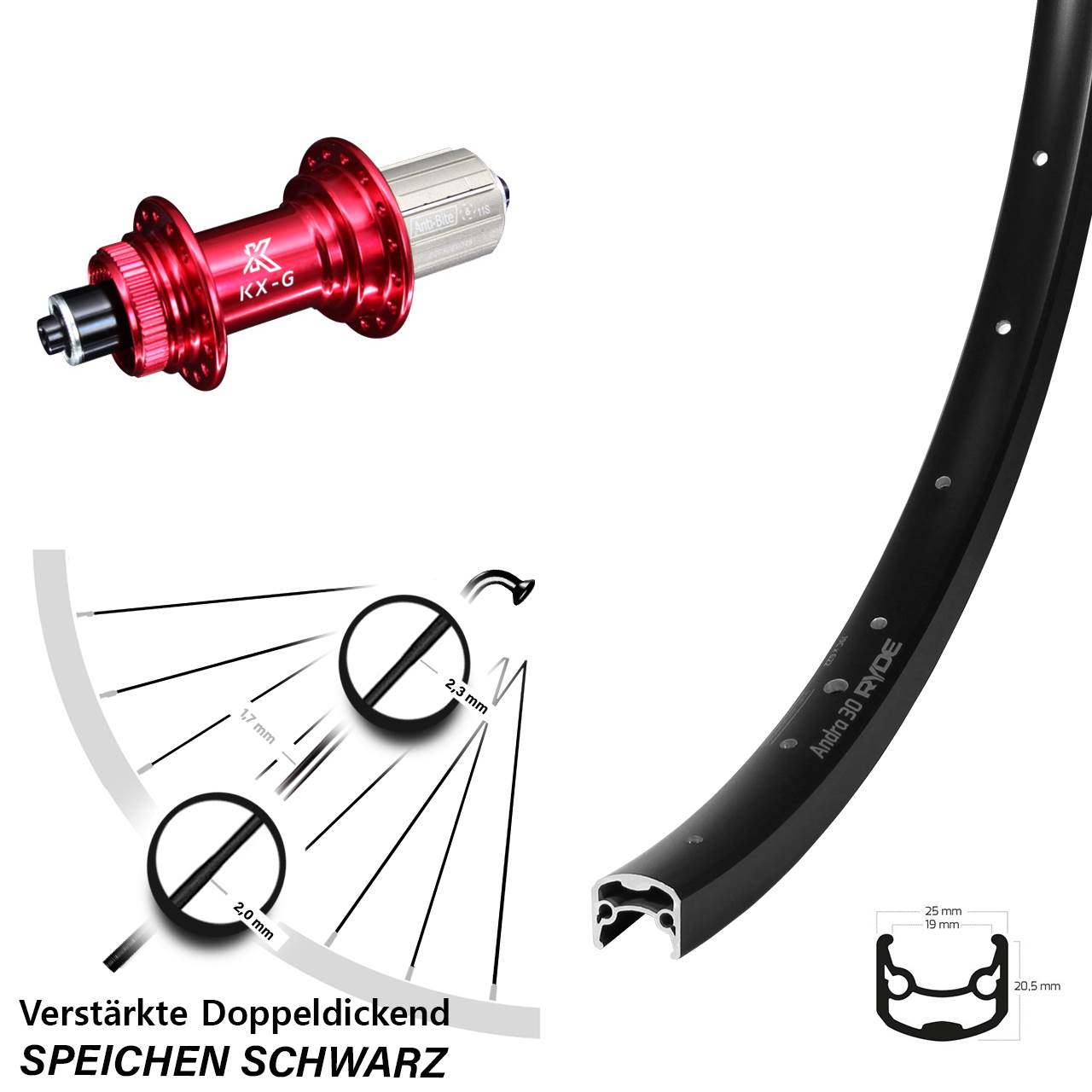 Hinterrad Centerlock QR 28 Zoll Ryde Andra 30 KX-G rot 8-12 fach