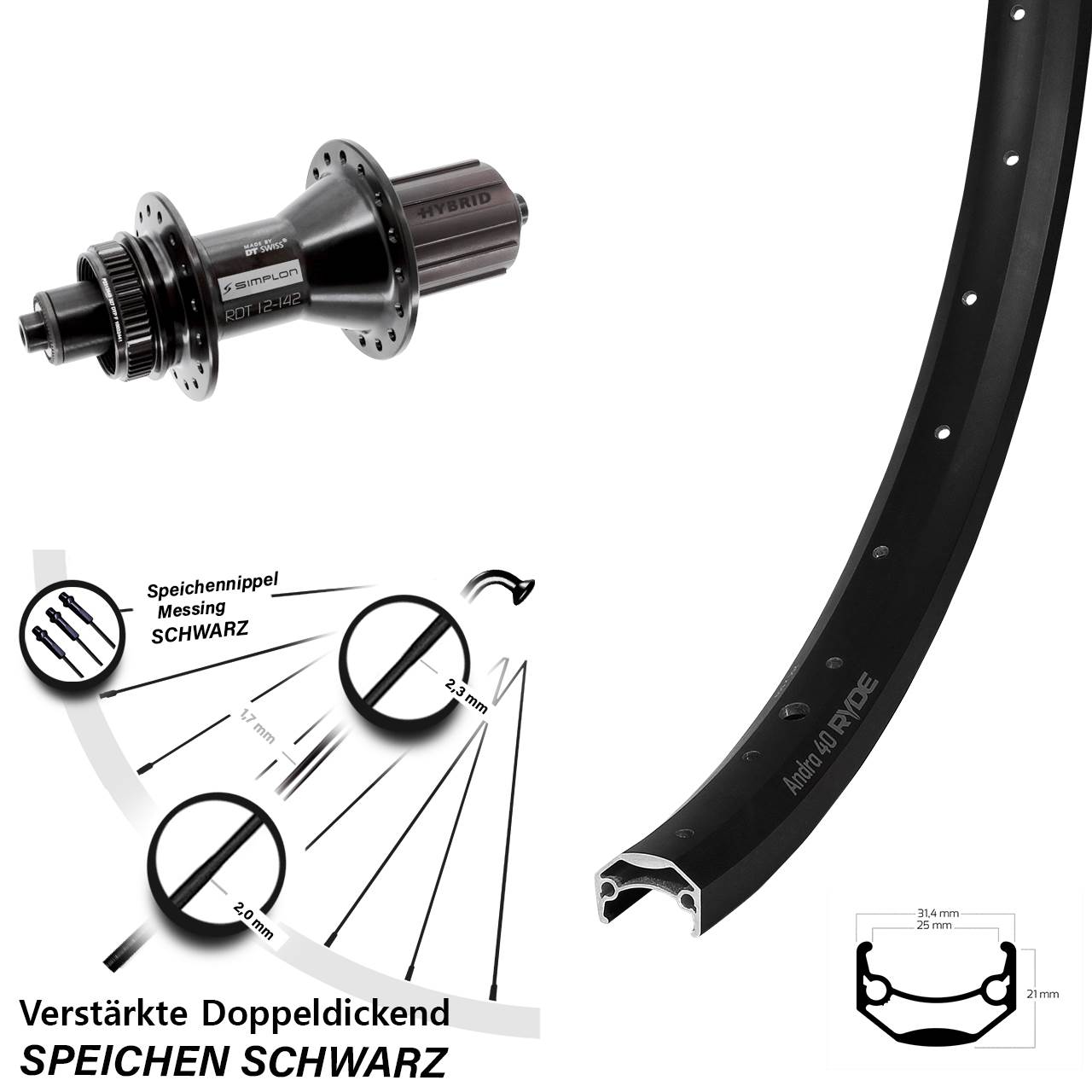 26 Zoll Ryde Andra 40 DT Swiss 370 Hybrid Disc Laufrad für Schnellspanner 8-11 fach