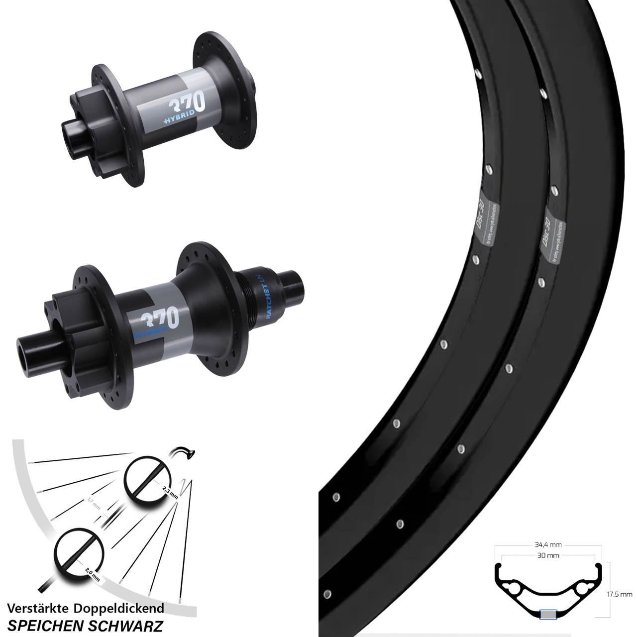 27,5 Zoll Ryde Disc 30 DT Swiss 370 Hybrid Laufrad-Satz 15x110 12x148 XD