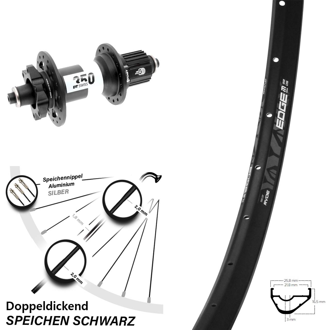 Ryde Edge M22 OS DT Swiss 350 28 Zoll Disc Laufrad QR Boost Micro Spline