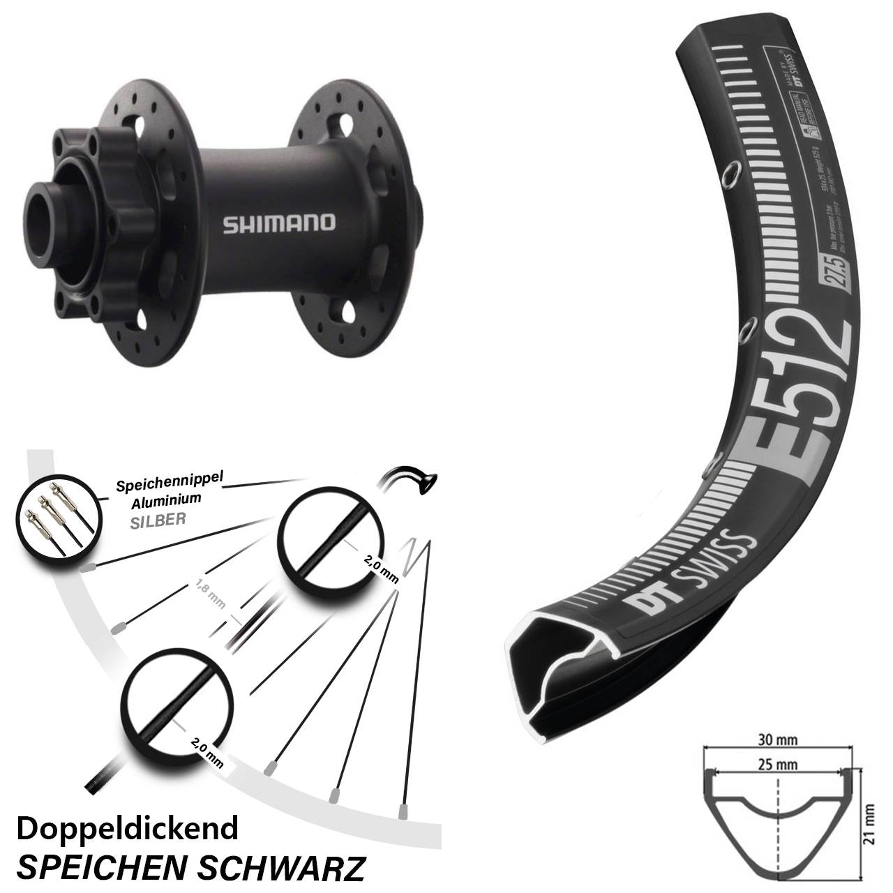 6-Loch Vorderrad 15x100 27,5 Zoll DT Swiss E512 Shimano HB-M758