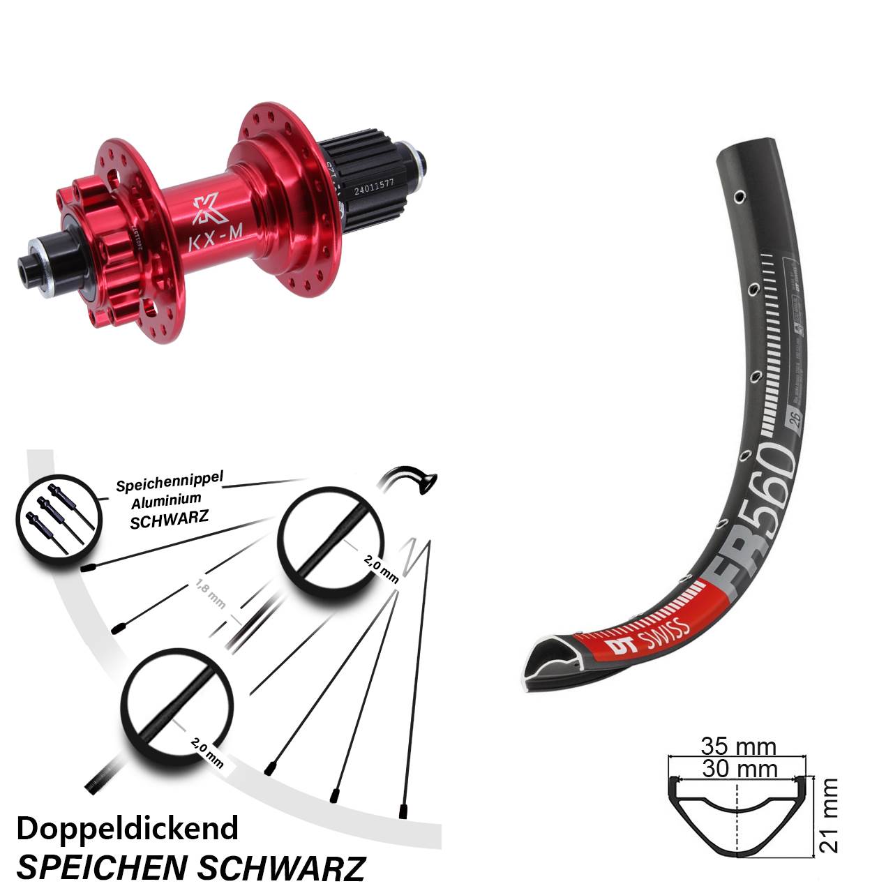 Disc Hinterrad 26 Zoll DT Swiss FR560 KX-M rot Shimano Micro Spline QR