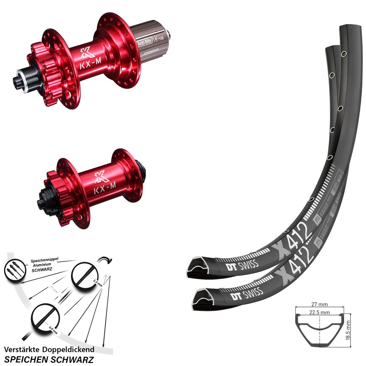 DT Swiss X 412 KX-M rot 6-Loch 29 Zoll Laufradsatz QR 8-12 fach HG