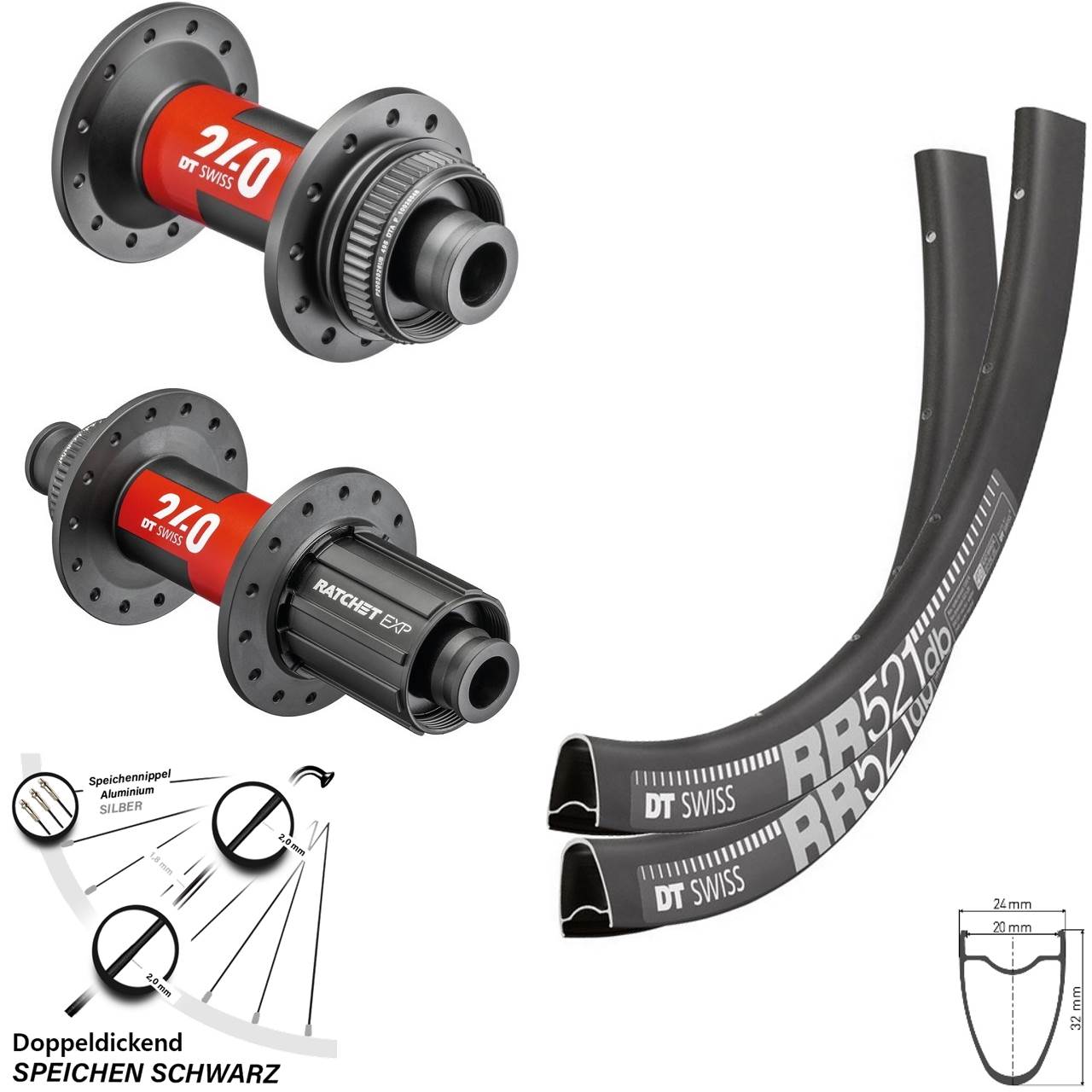 28 Zoll DT Swiss RR521-240 EXP Road Centerlock Laufradsatz 12x100/142 11-12 fach